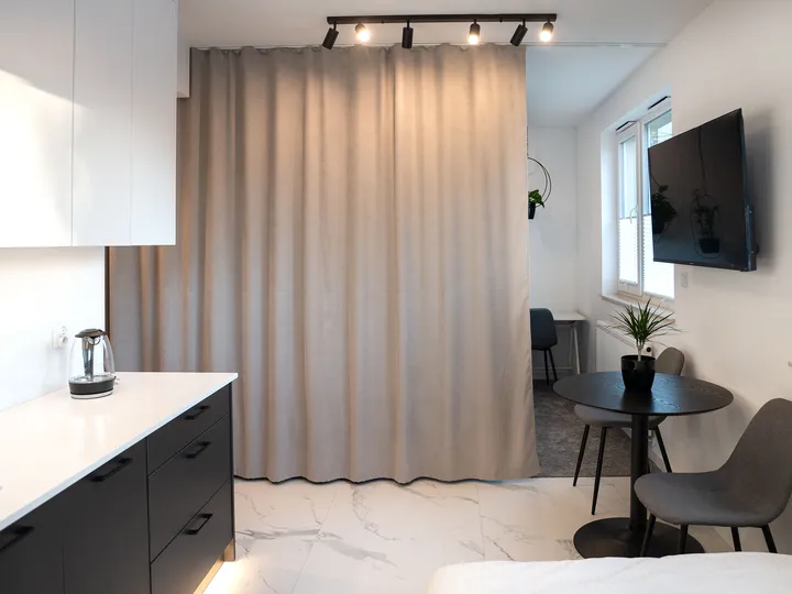 Blackout curtain separating the sleeping area