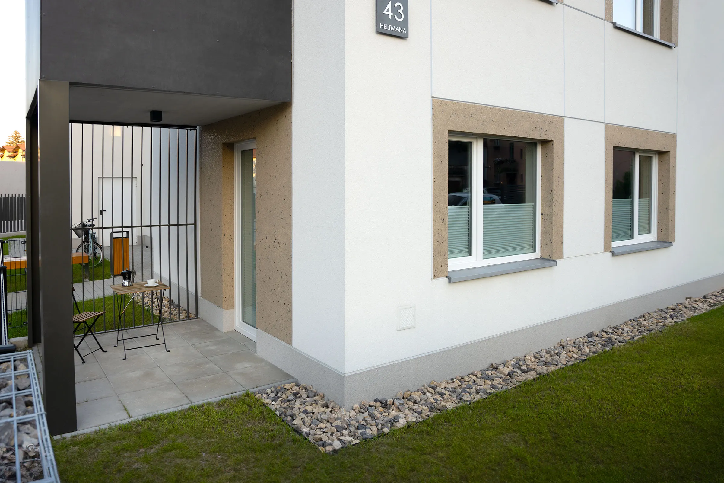 The terrace and garden beside the building